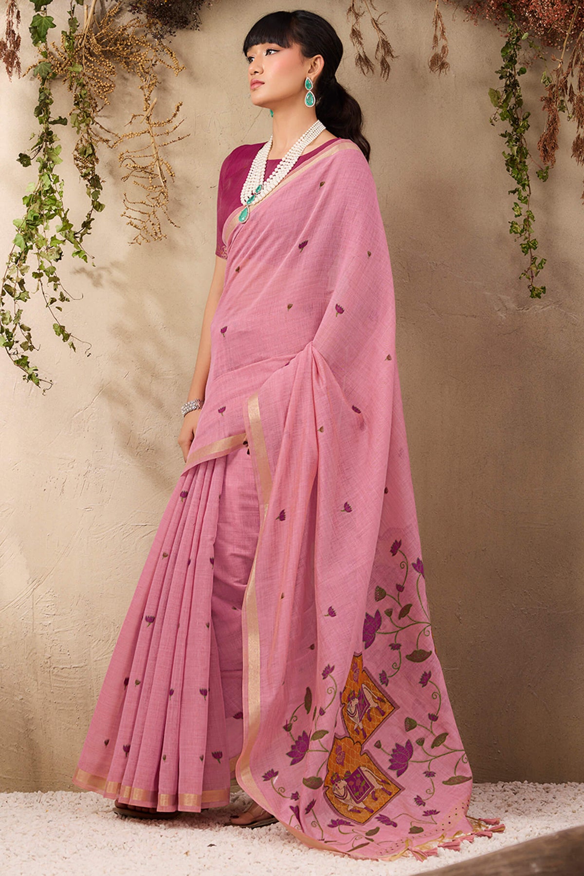 Cadillac Pink Munga Cotton Silk Saree