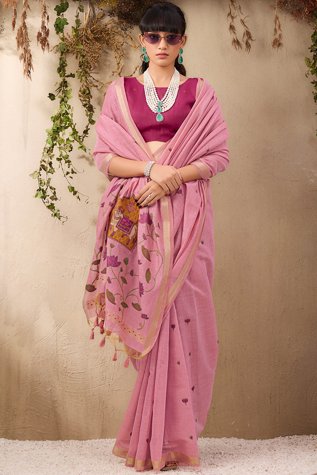 Cadillac Pink Munga Cotton Silk Saree