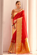 Cadmium Red Zari Woven Soft Banarasi Silk Saree