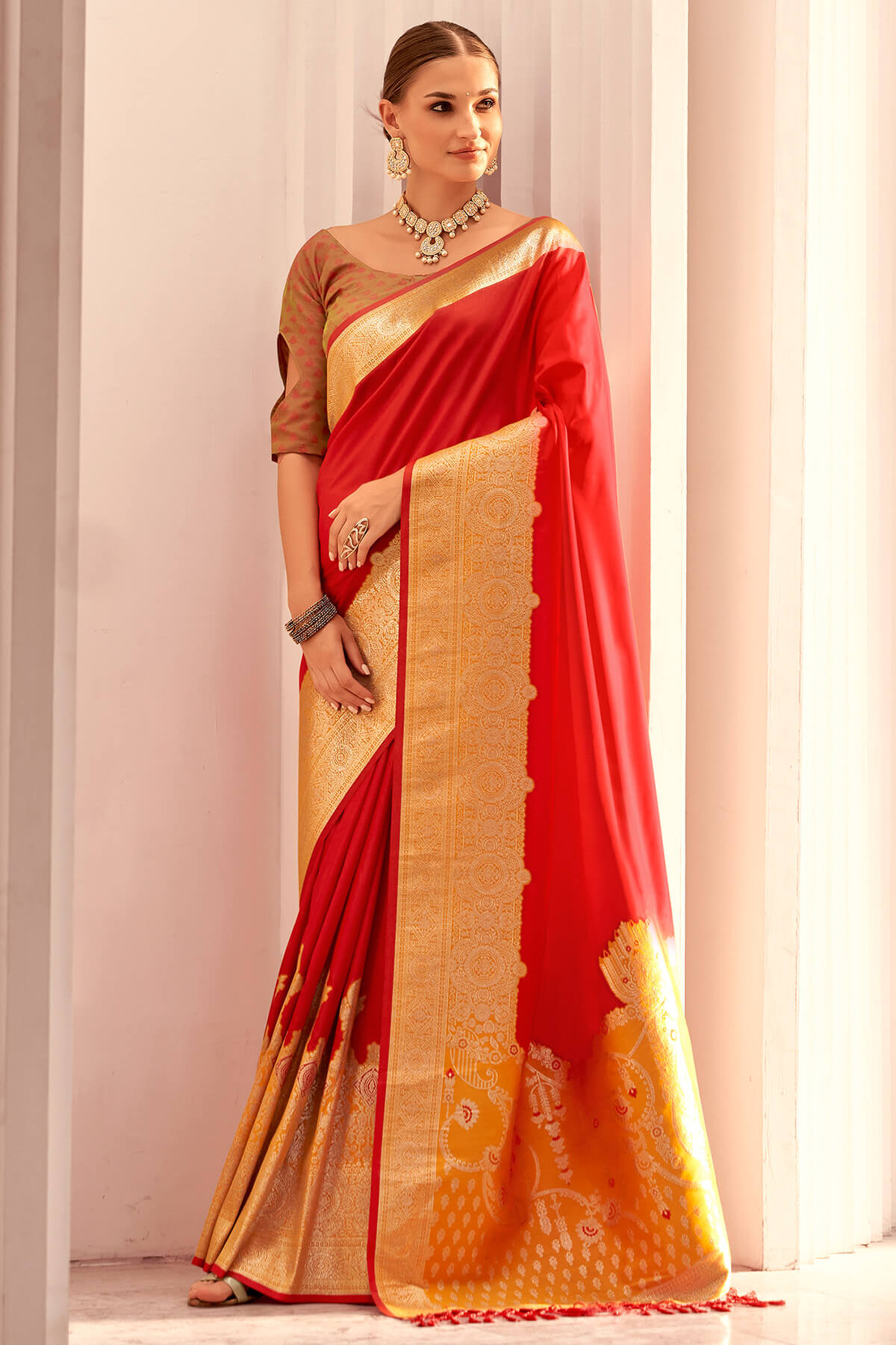 Cadmium Red Zari Woven Soft Banarasi Silk Saree
