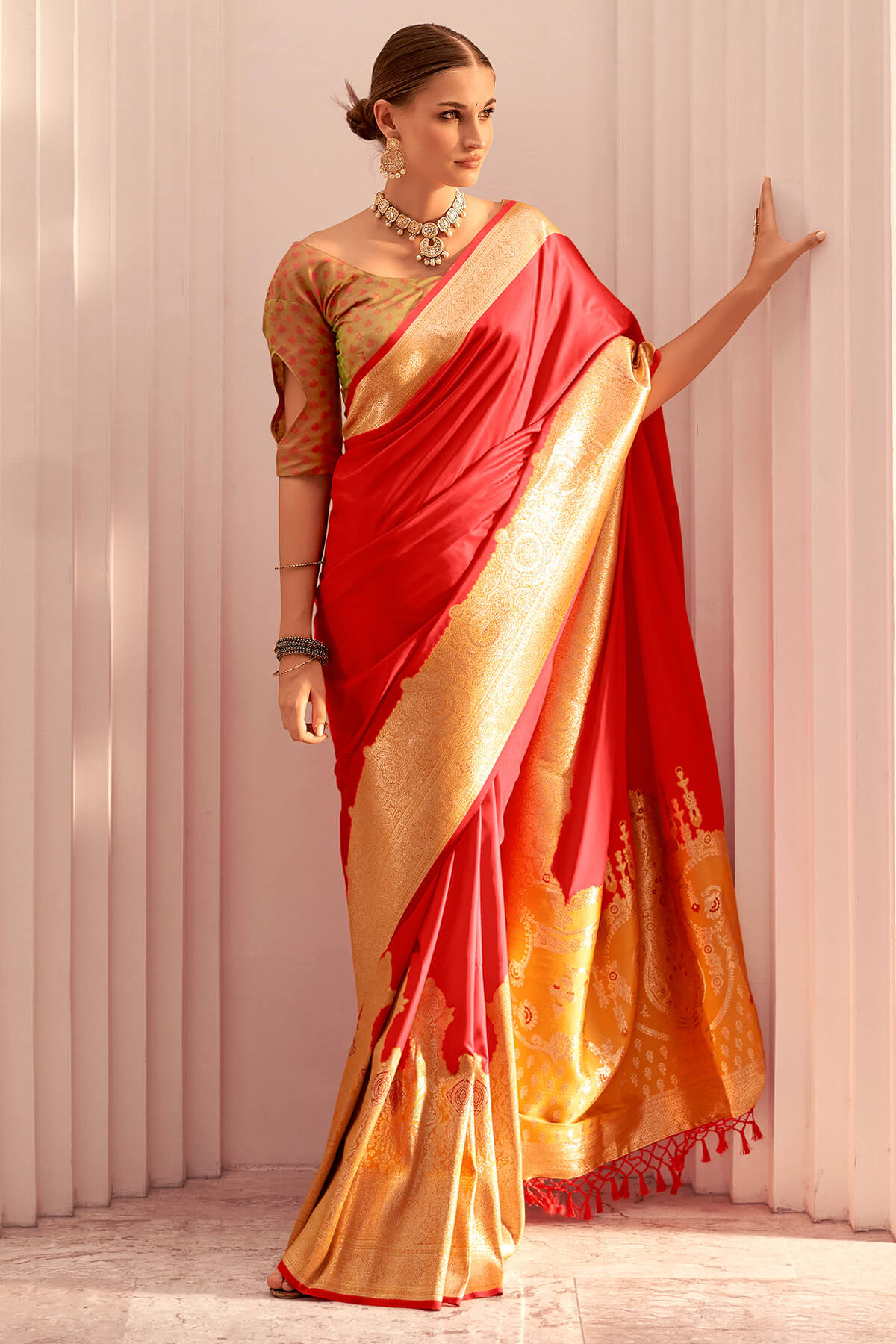 Cadmium Red Zari Woven Soft Banarasi Silk Saree