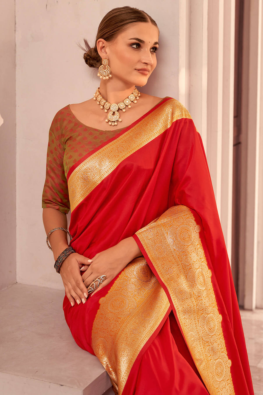 Cadmium Red Zari Woven Soft Banarasi Silk Saree