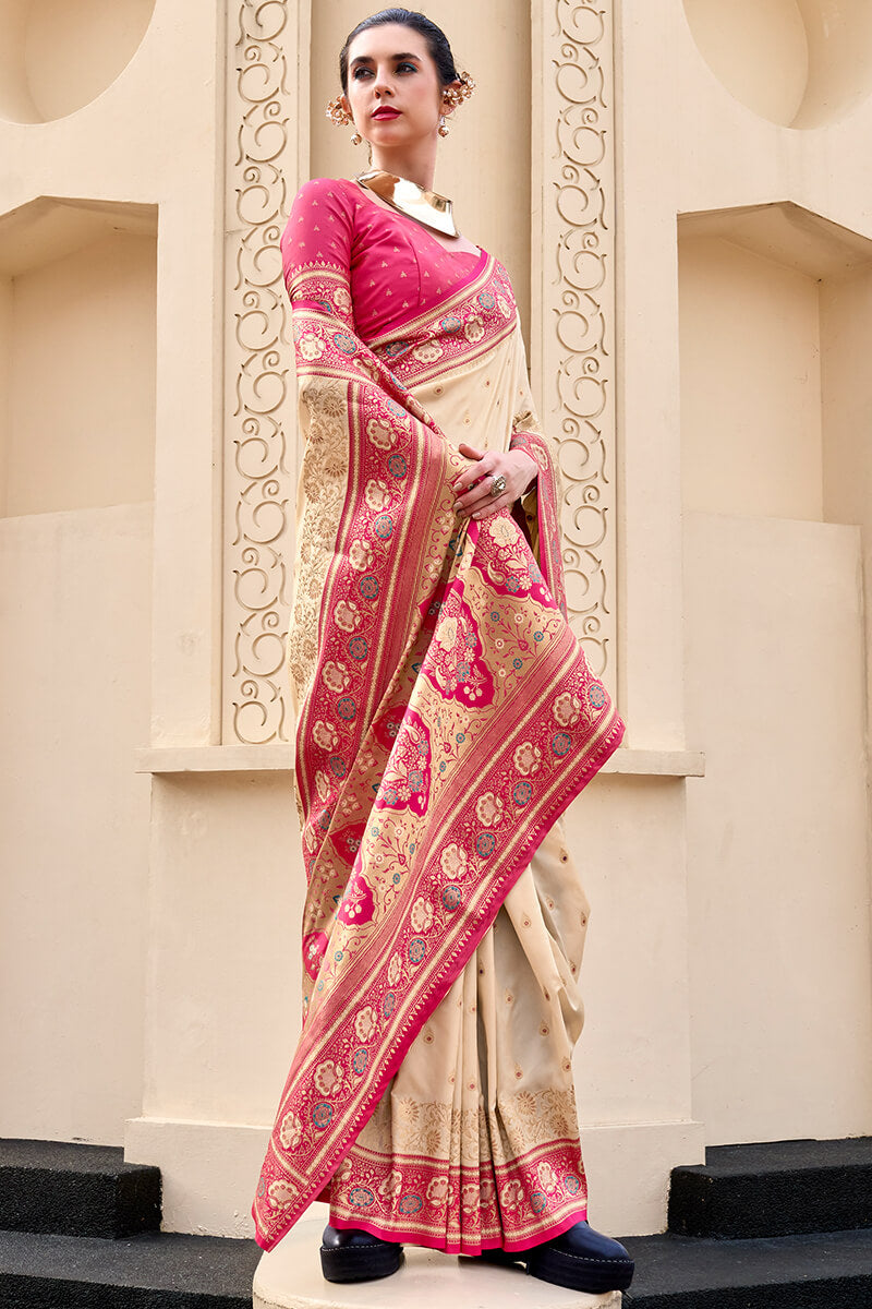 Cameo Beige Soft Banarasi Silk Saree