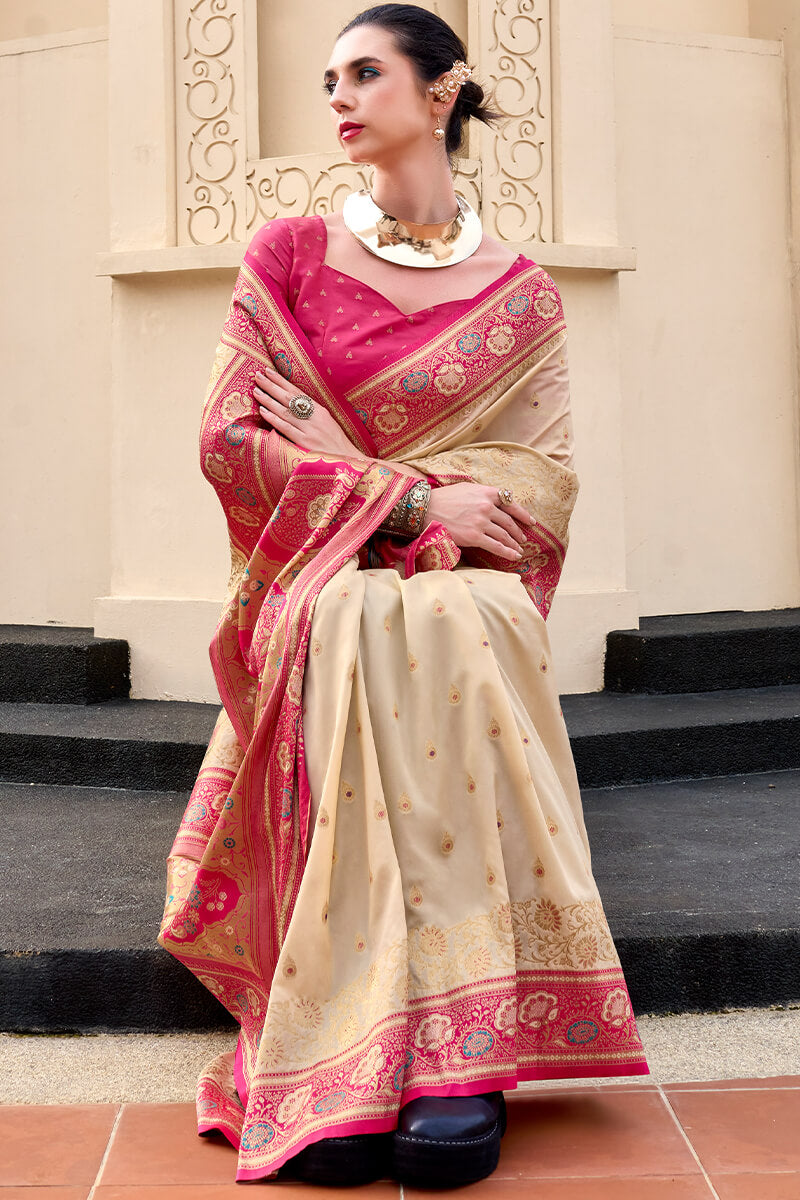 Cameo Beige Soft Banarasi Silk Saree