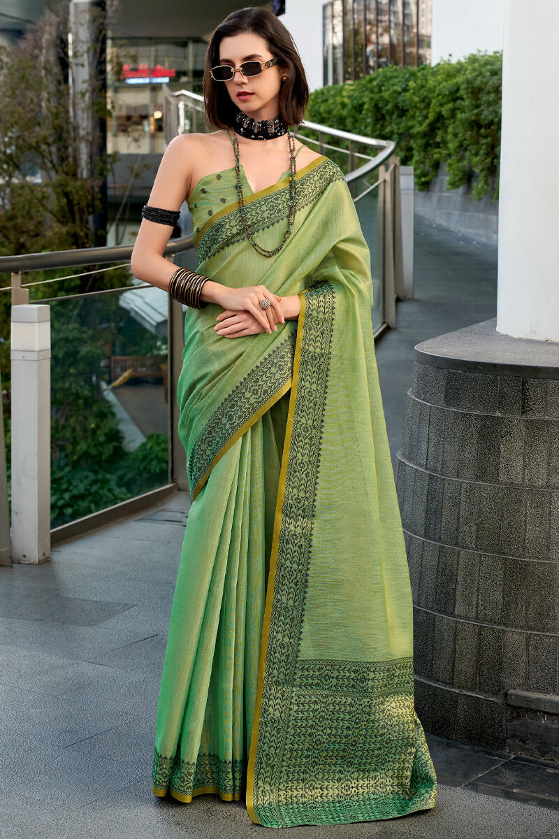 Camo Green Linen Tissue Silk Saree
