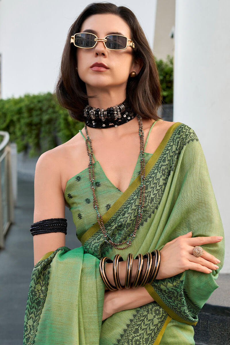 Camo Green Linen Tissue Silk Saree