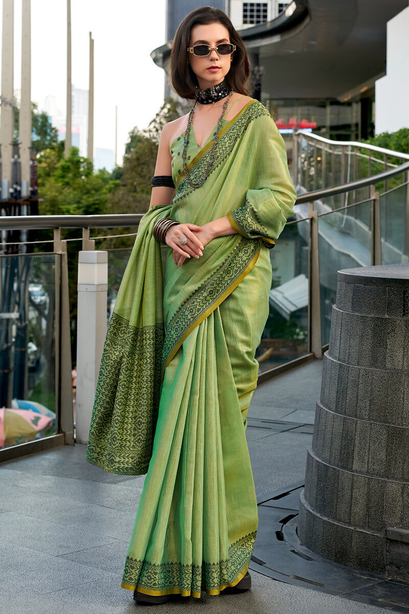 Camo Green Linen Tissue Silk Saree