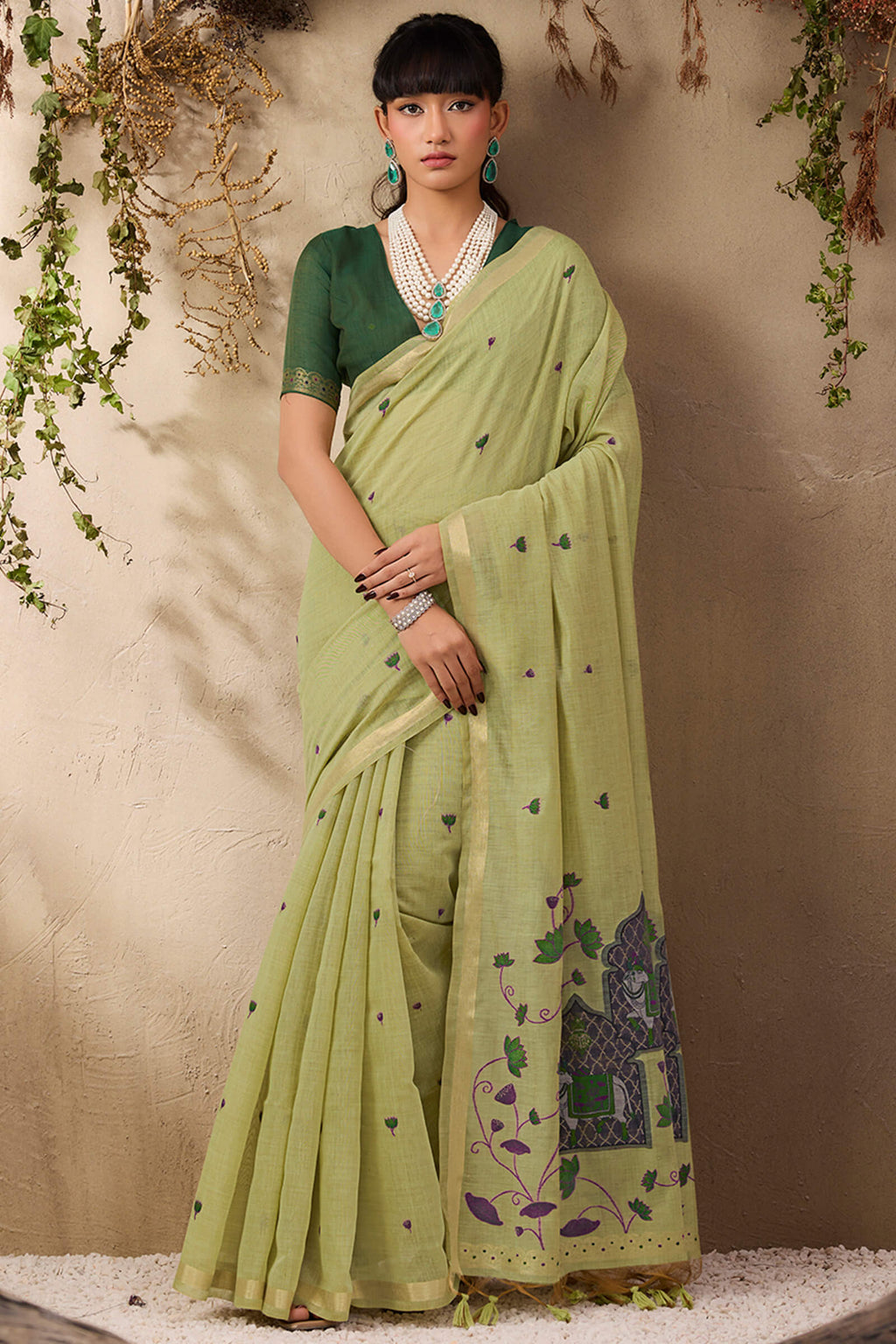 Camo Green Munga Cotton Silk Saree