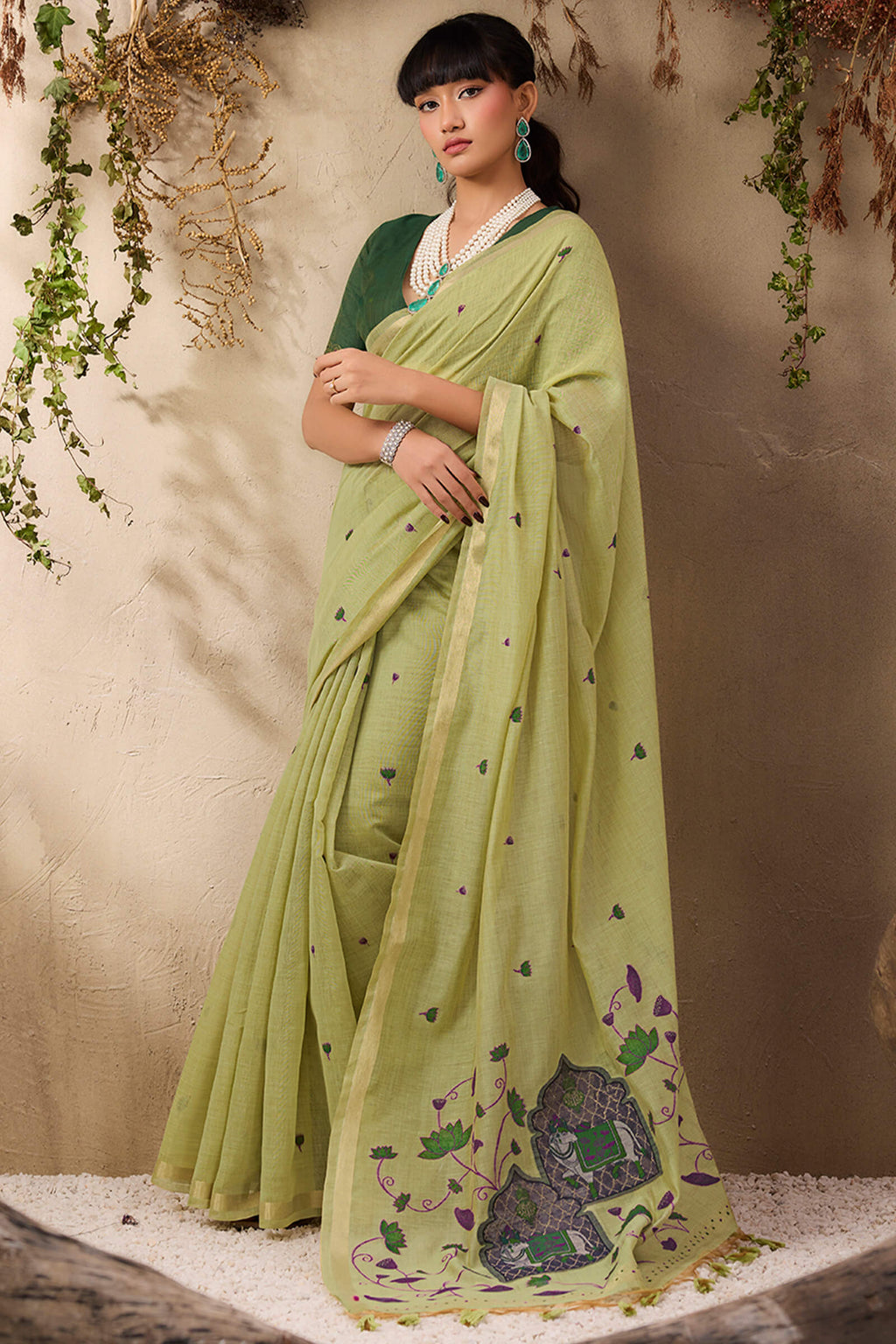 Camo Green Munga Cotton Silk Saree