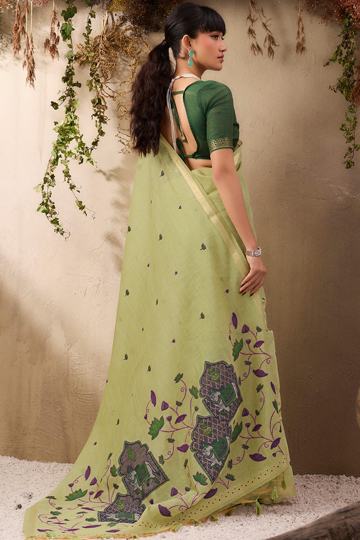 Camo Green Munga Cotton Silk Saree