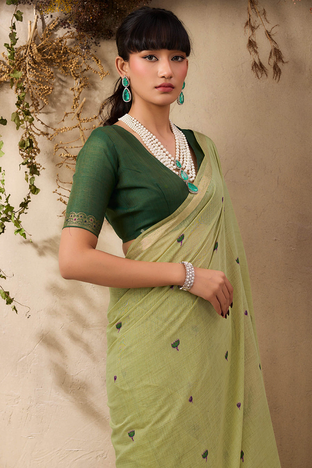 Camo Green Munga Cotton Silk Saree