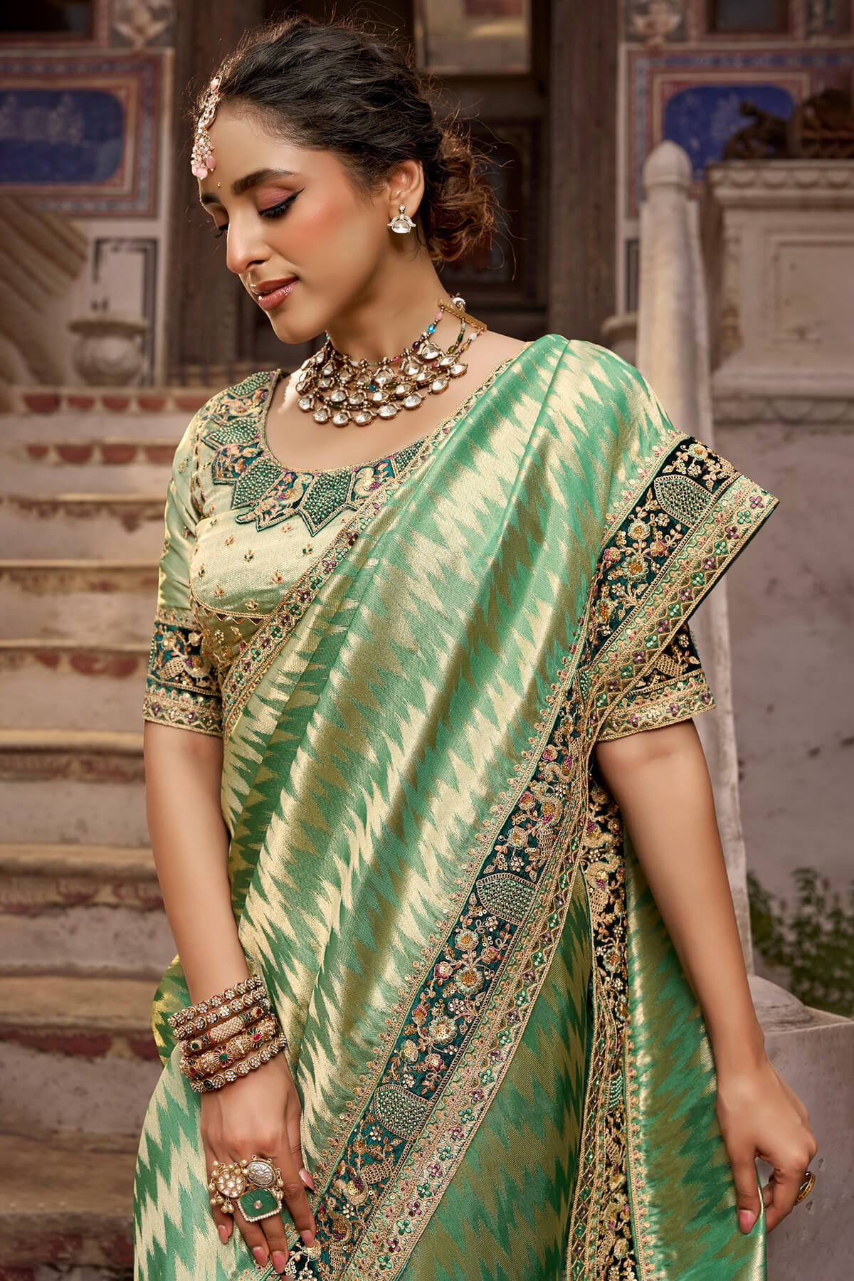 Camouflage Green Hand Work Viscose Saree with Stiched Blouse