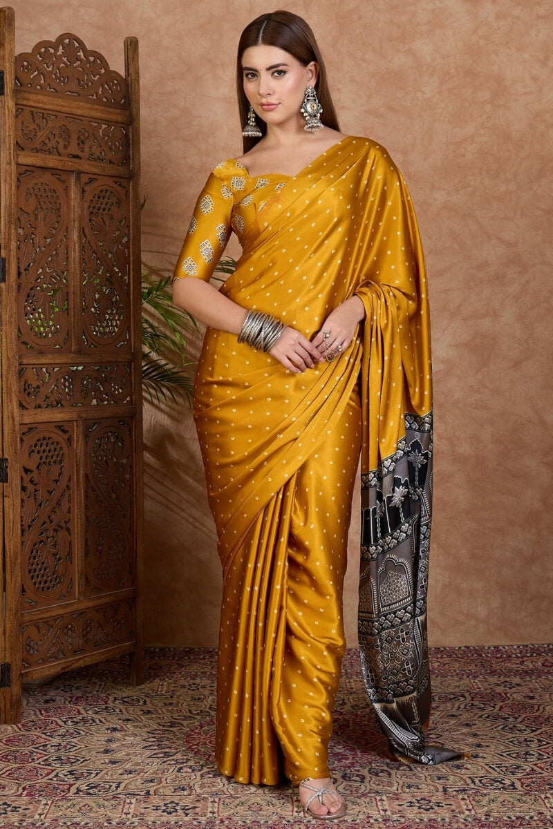 Cantaloupe Yellow Ajrakh Printed Satin Silk Saree