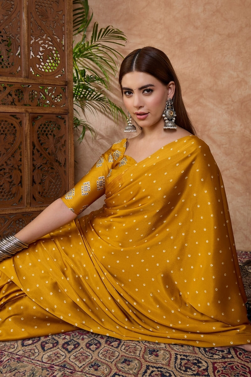 Cantaloupe Yellow Ajrakh Printed Satin Silk Saree