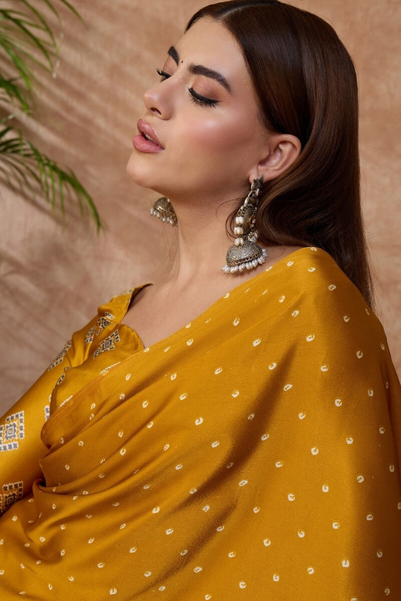 Cantaloupe Yellow Ajrakh Printed Satin Silk Saree