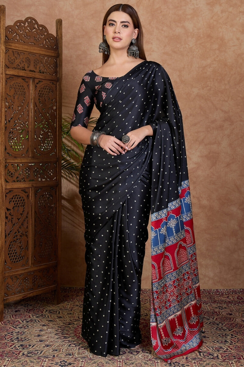 Carbon Black Ajrakh Printed Satin Silk Saree