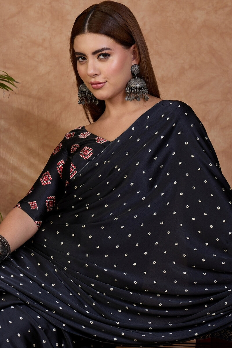 Carbon Black Ajrakh Printed Satin Silk Saree
