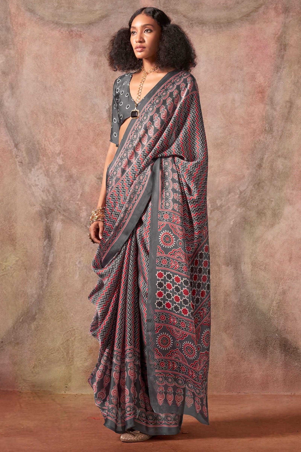 Carbon Grey Ajarkh Printed Satin Georgette Silk Saree