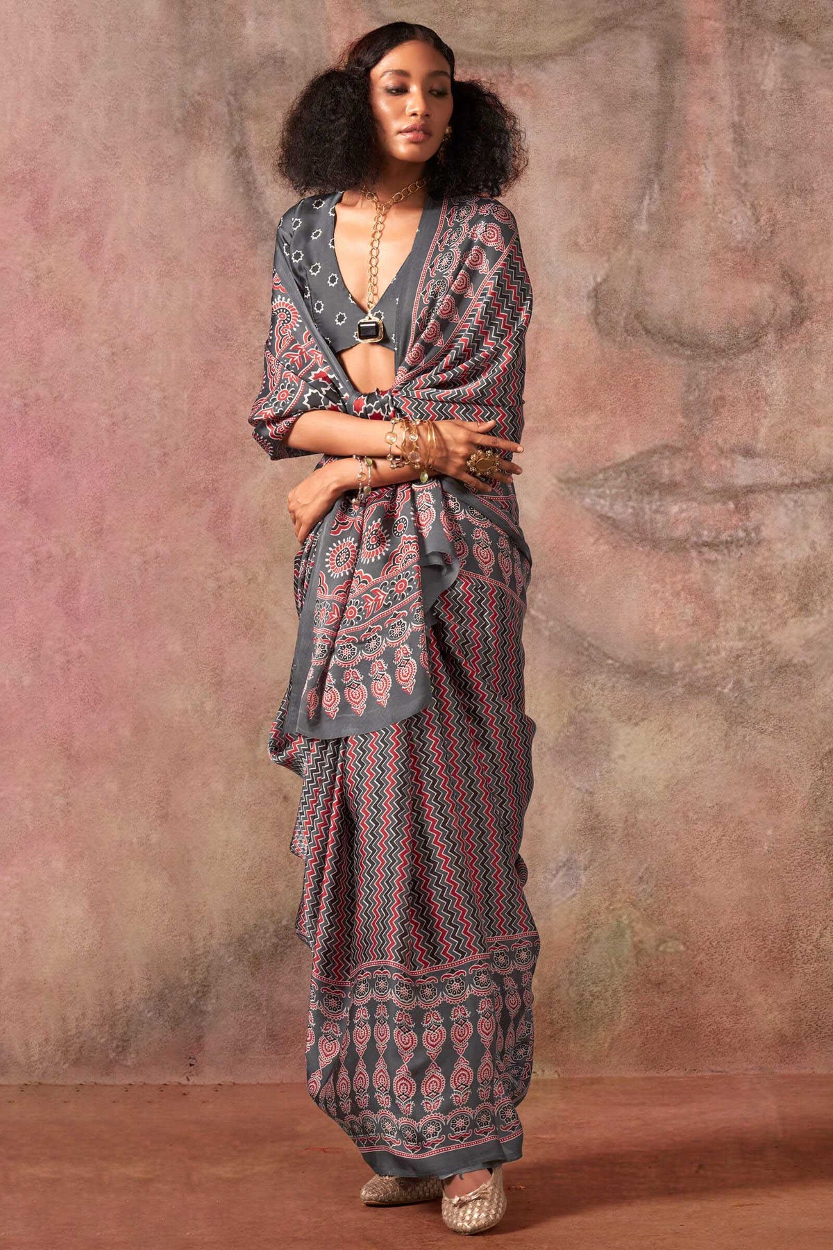 Carbon Grey Ajarkh Printed Satin Georgette Silk Saree