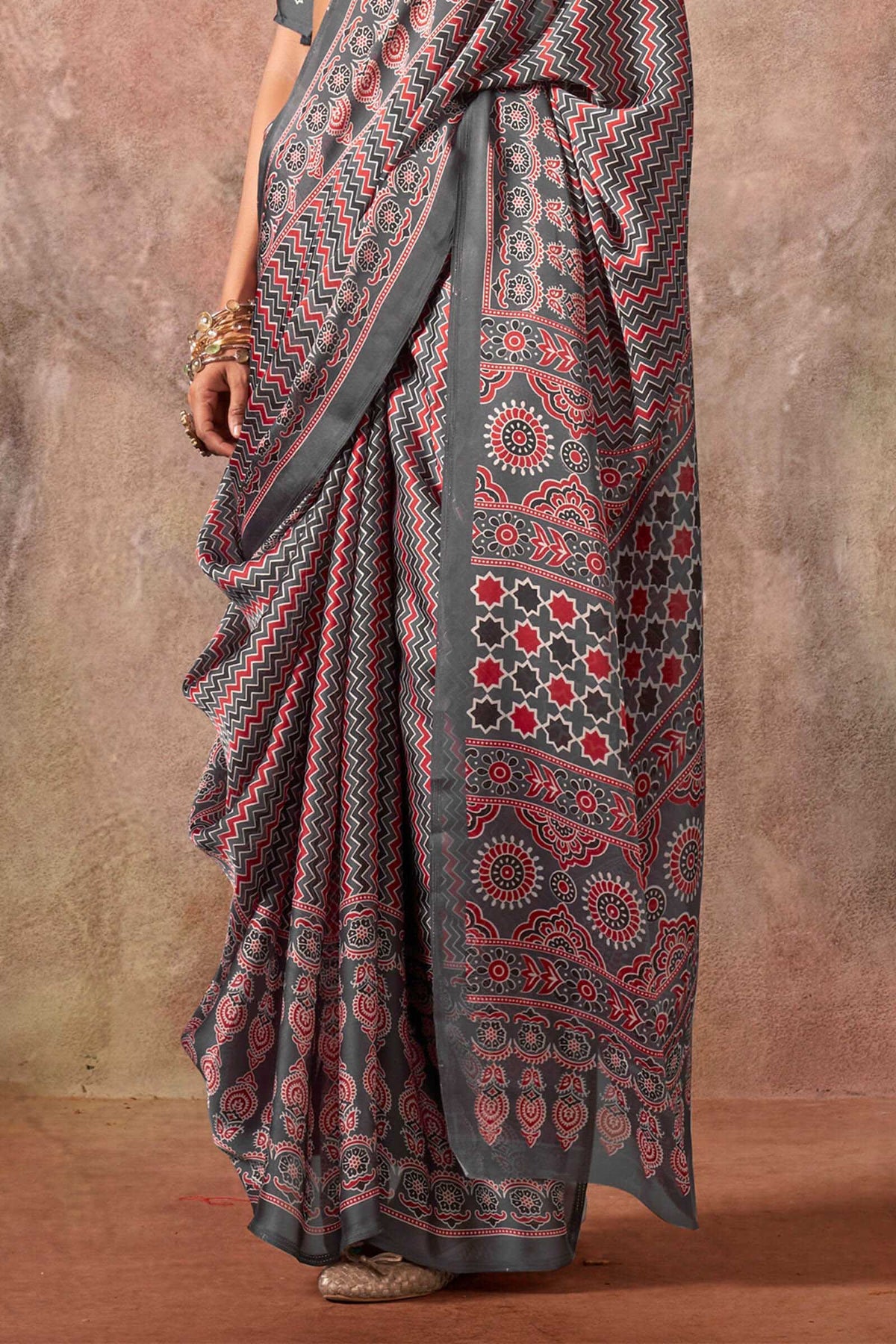 Carbon Grey Ajarkh Printed Satin Georgette Silk Saree