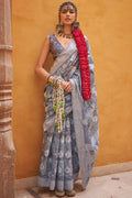 Carbon Grey Digital Printed Linen Silk Saree