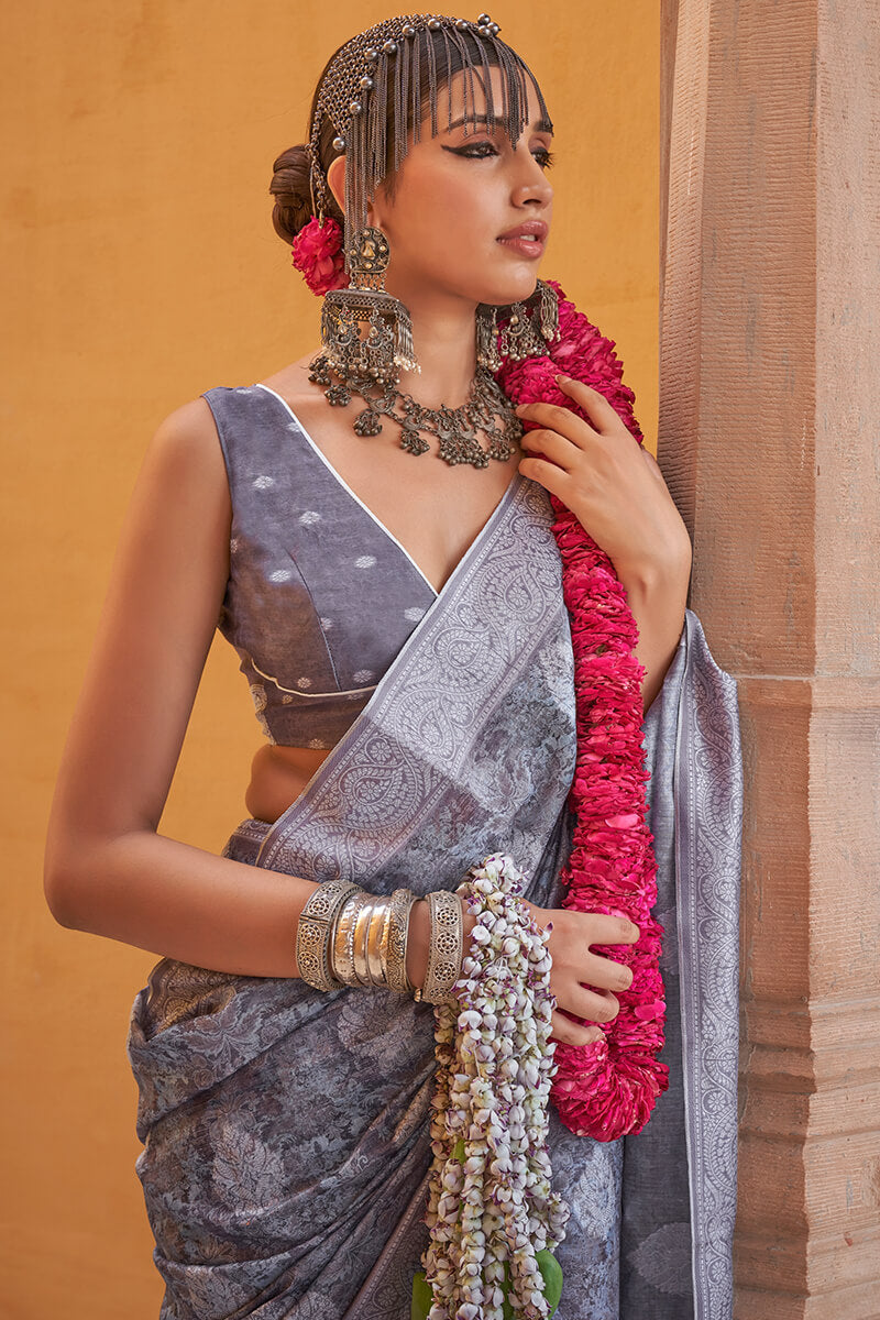 Carbon Grey Digital Printed Linen Silk Saree