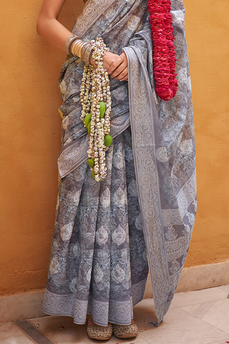 Carbon Grey Digital Printed Linen Silk Saree