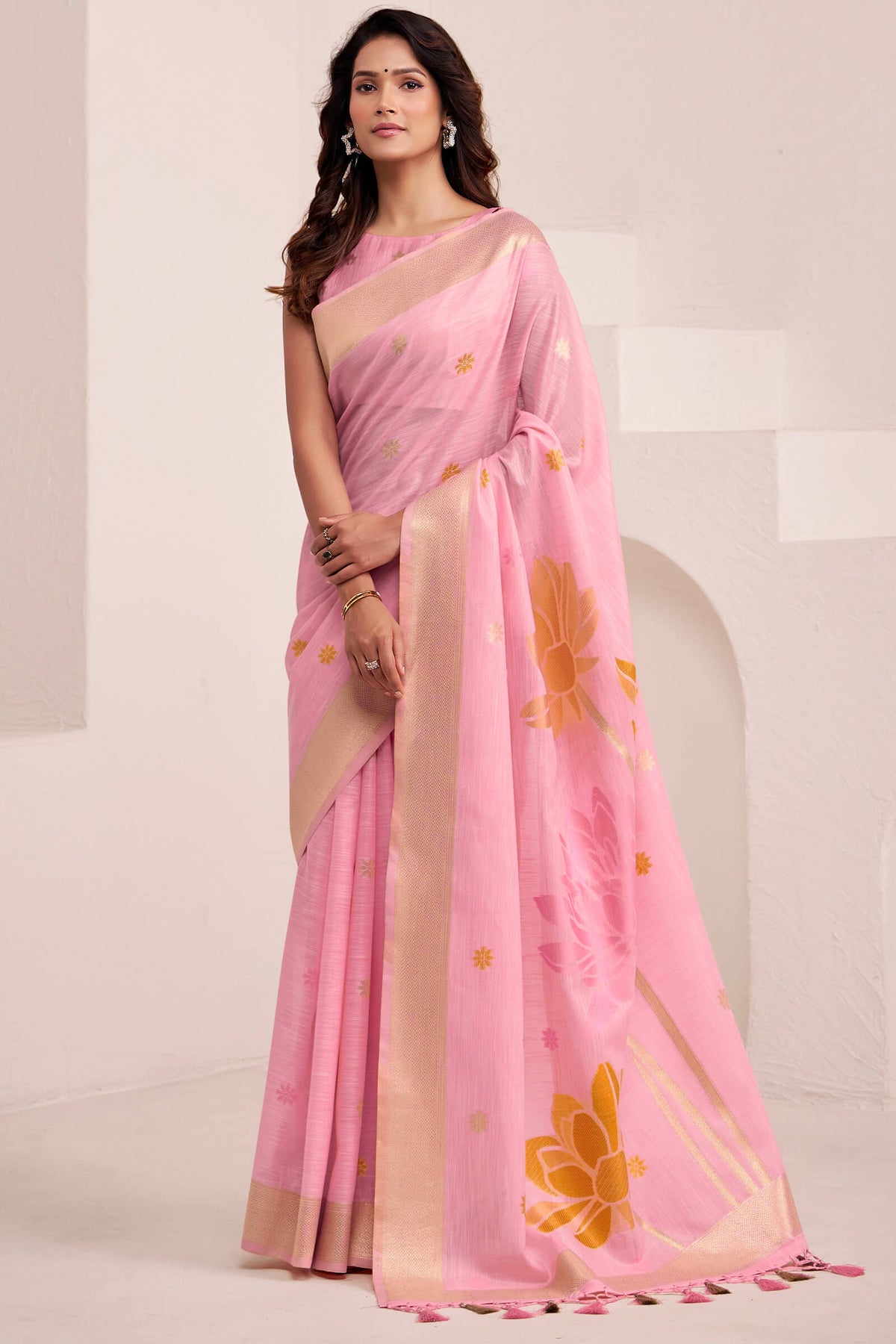 Carnation Pink Soft Linen Silk Saree