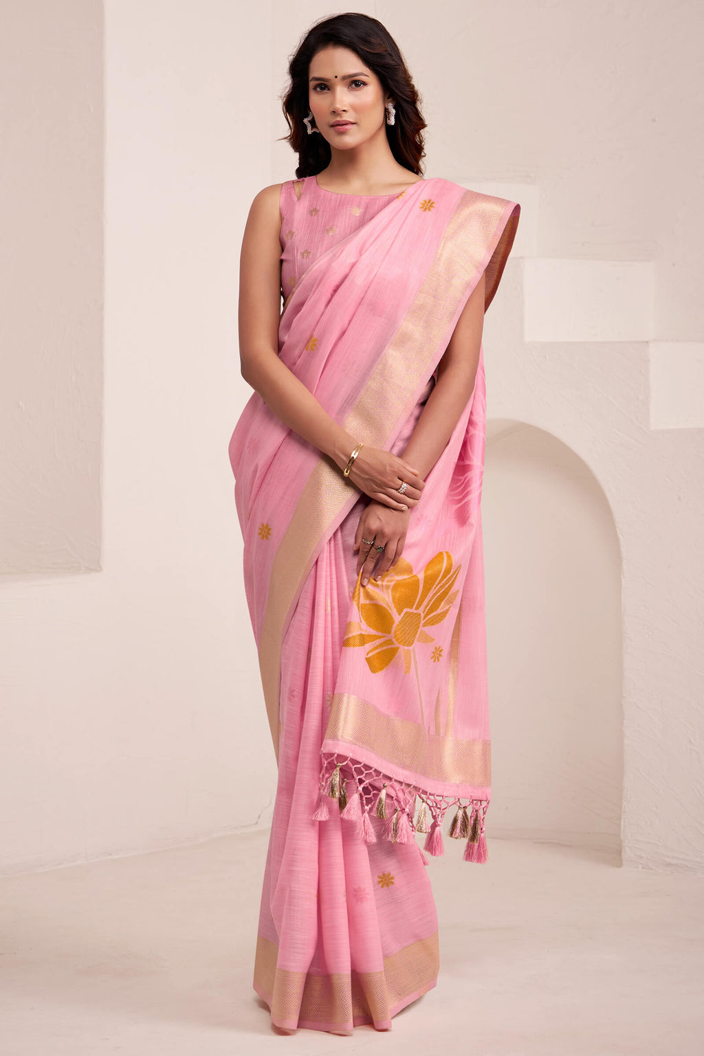 Carnation Pink Soft Linen Silk Saree