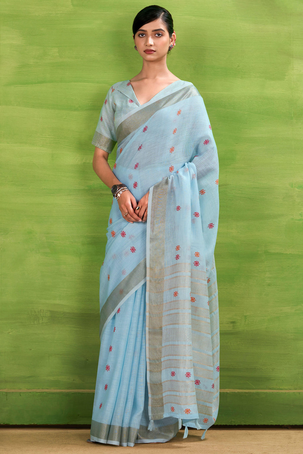 Carolina Blue Linen Silk Saree