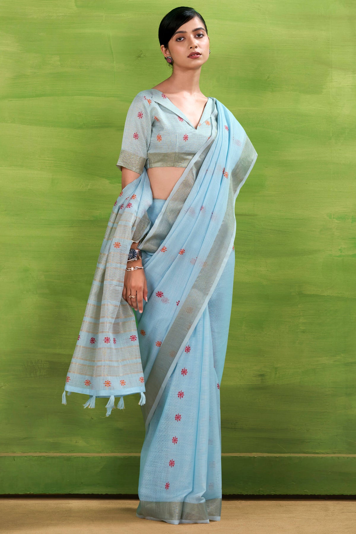 Carolina Blue Linen Silk Saree