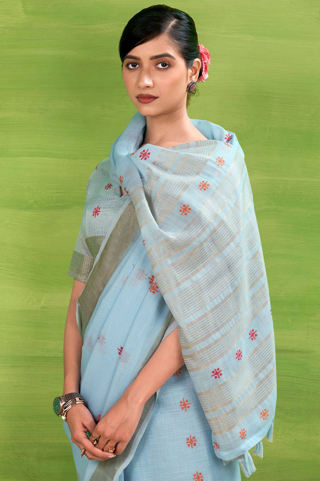 Carolina Blue Linen Silk Saree