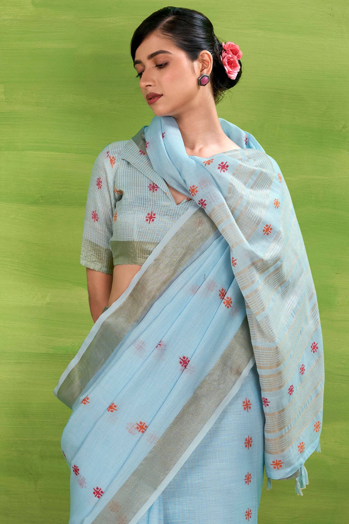 Carolina Blue Linen Silk Saree