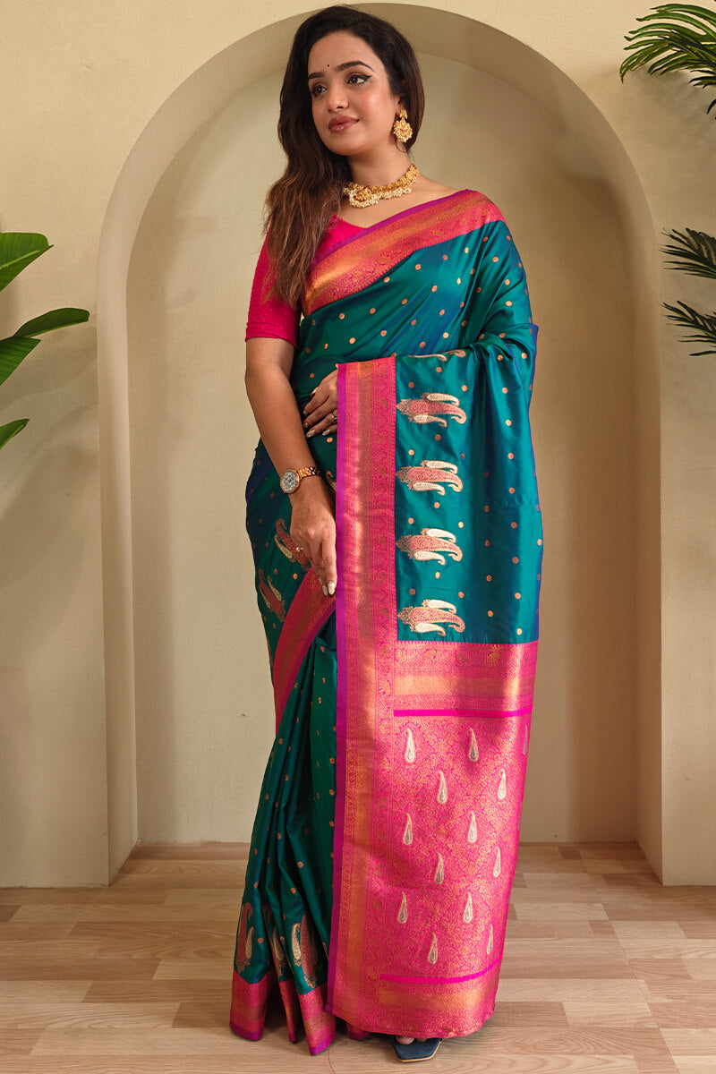 Casal Green Zari Woven Banarasi Soft Silk Saree