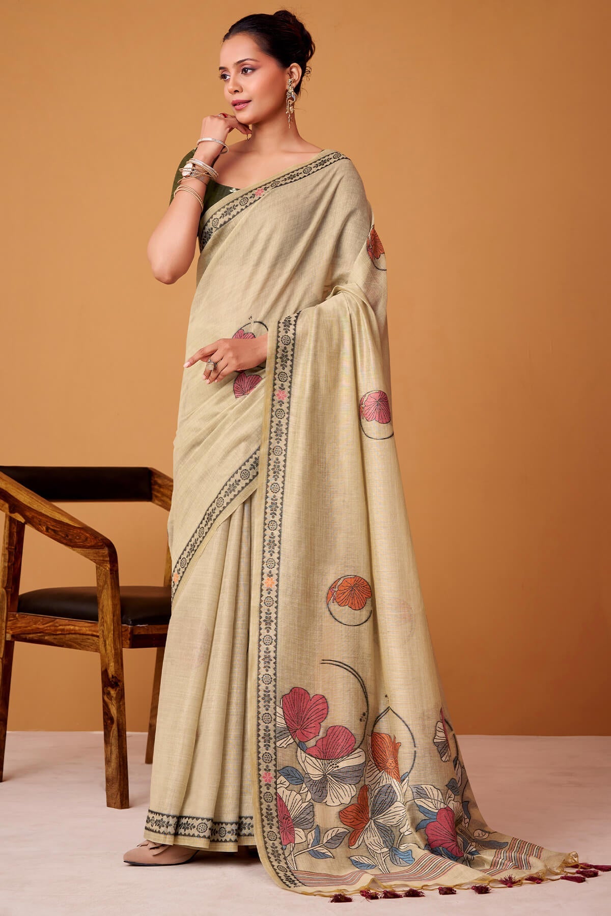 Cashmere Beige Jamdani Cotton Silk Saree