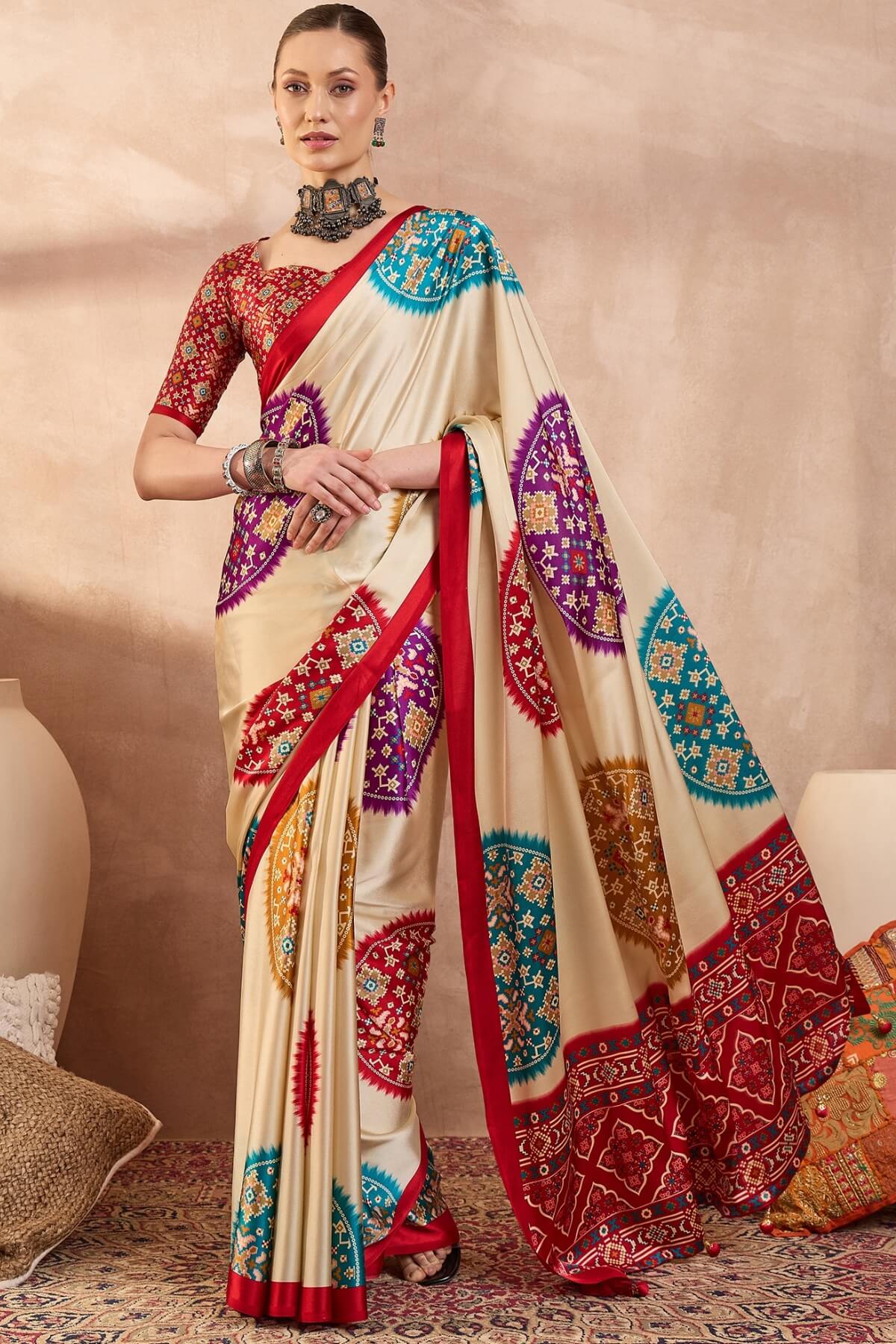 Cashmere Beige Printed Satin Silk Saree