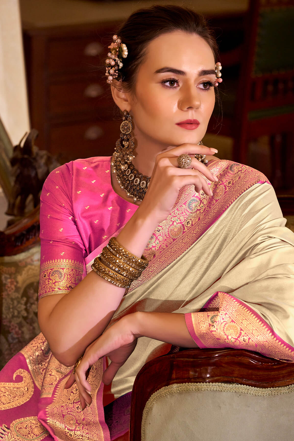 Cashmere Beige Zari Woven Soft Banarasi Silk Saree