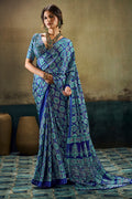 Catalina Blue Ajrakh Printed Semi Modal Satin Silk Saree