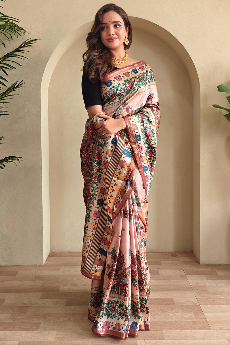 Cavern Pink Kalamkari Printed Soft Silk Saree