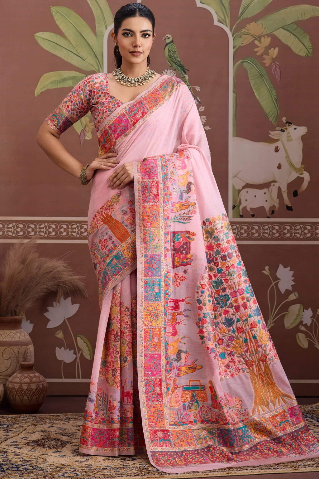 Cavern Pink Kashmiri Modal Pashmina Silk Saree