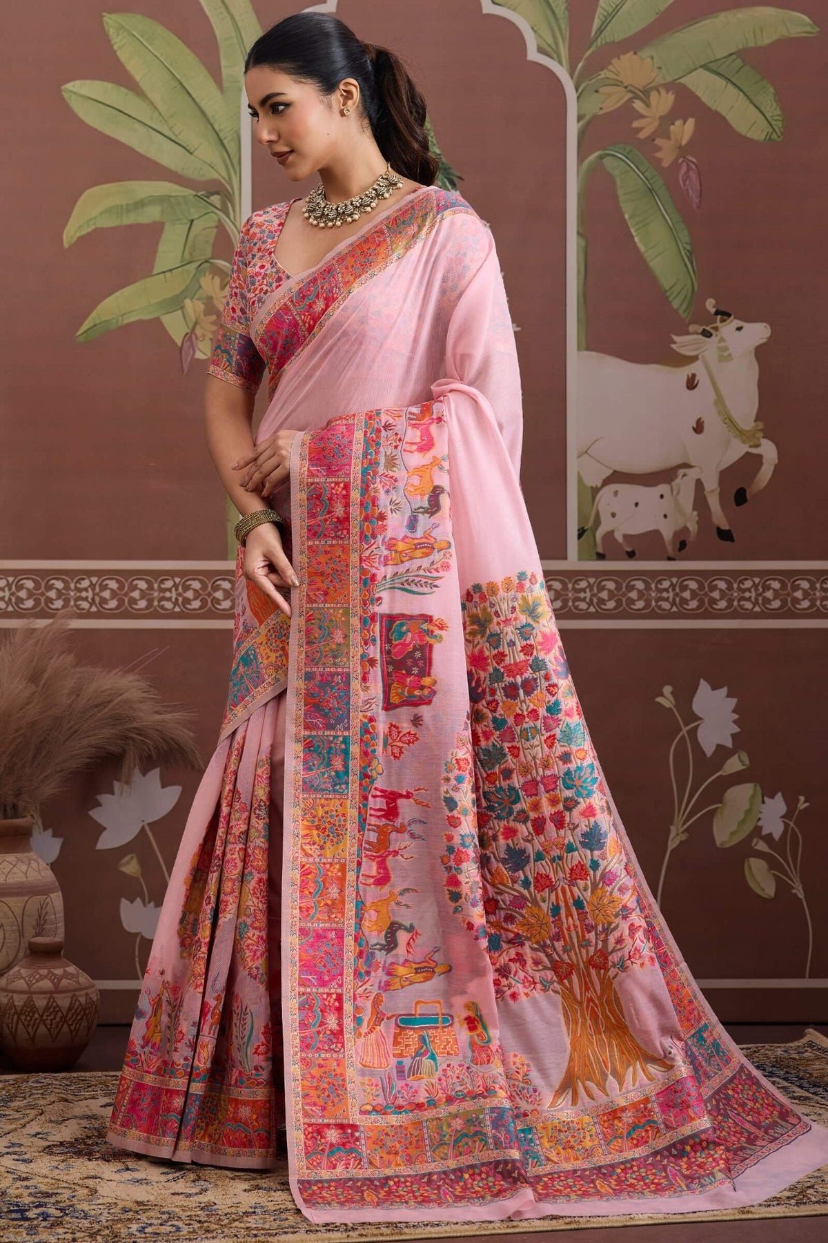 Cavern Pink Kashmiri Modal Pashmina Silk Saree