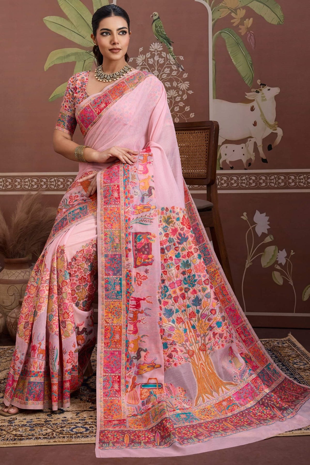 Cavern Pink Kashmiri Modal Pashmina Silk Saree
