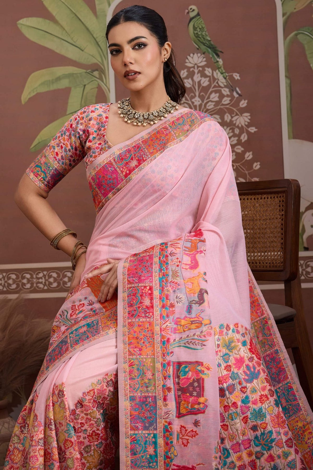 Cavern Pink Kashmiri Modal Pashmina Silk Saree