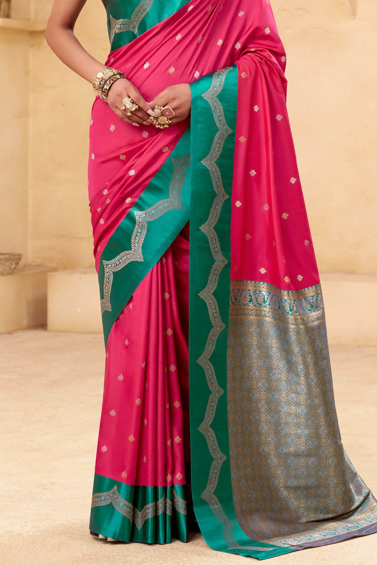 Cerise Pink Banarasi Satin Silk Saree