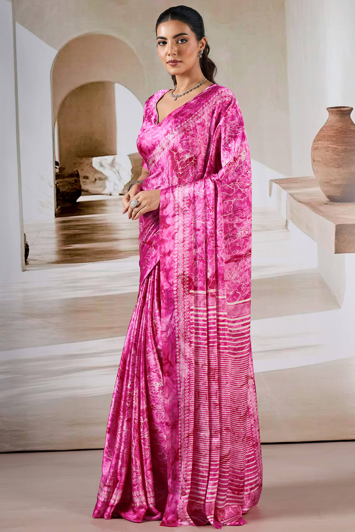 Cerise Pink Hand Prism Printed Satin Silk Saree
