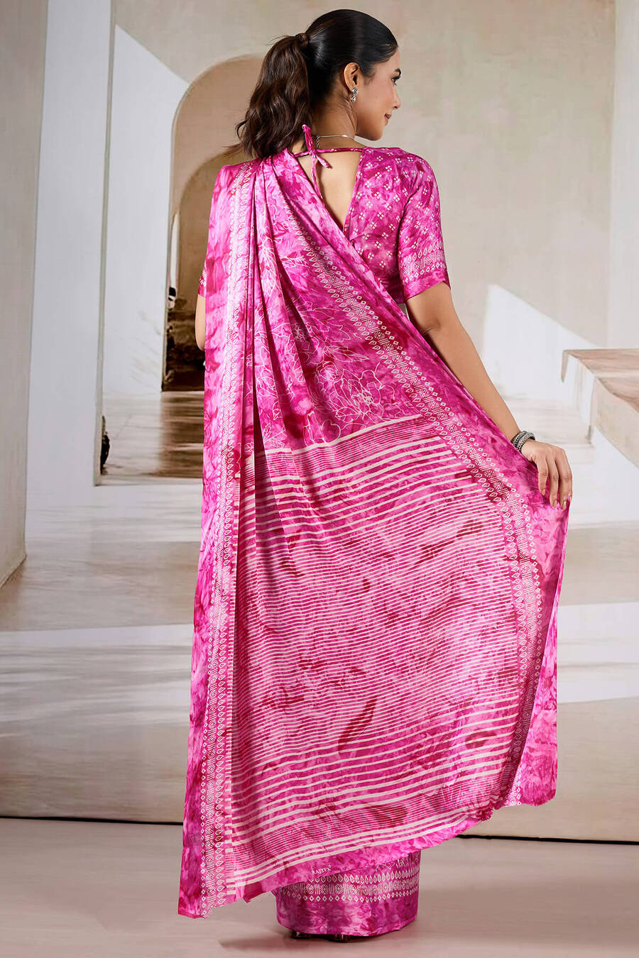 Cerise Pink Hand Prism Printed Satin Silk Saree