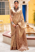 Champagne Beige Zari Woven Digital Printed Soft Cotton Silk Saree