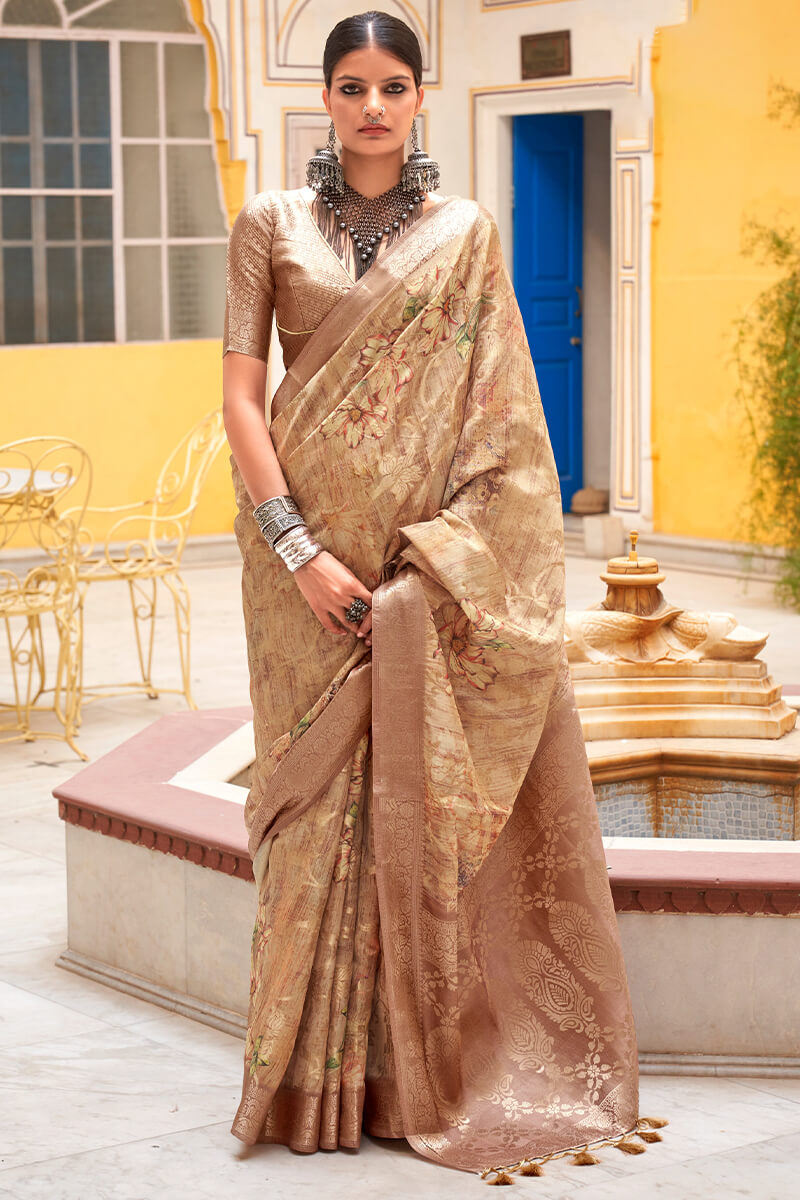 Champagne Beige Zari Woven Digital Printed Soft Cotton Silk Saree