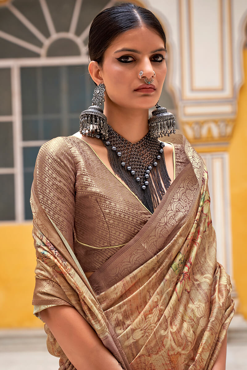 Champagne Beige Zari Woven Digital Printed Soft Cotton Silk Saree