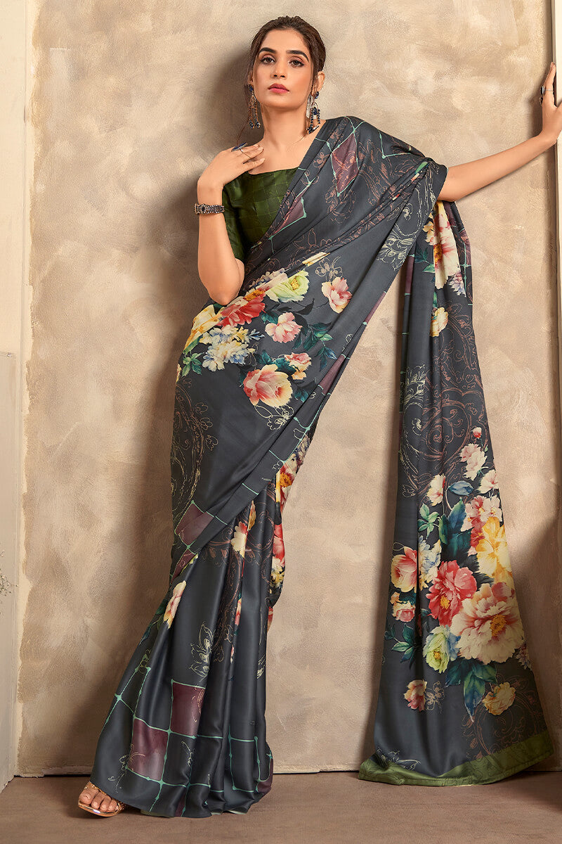 Charcoal Black Printed Soft Satin Silk Saree